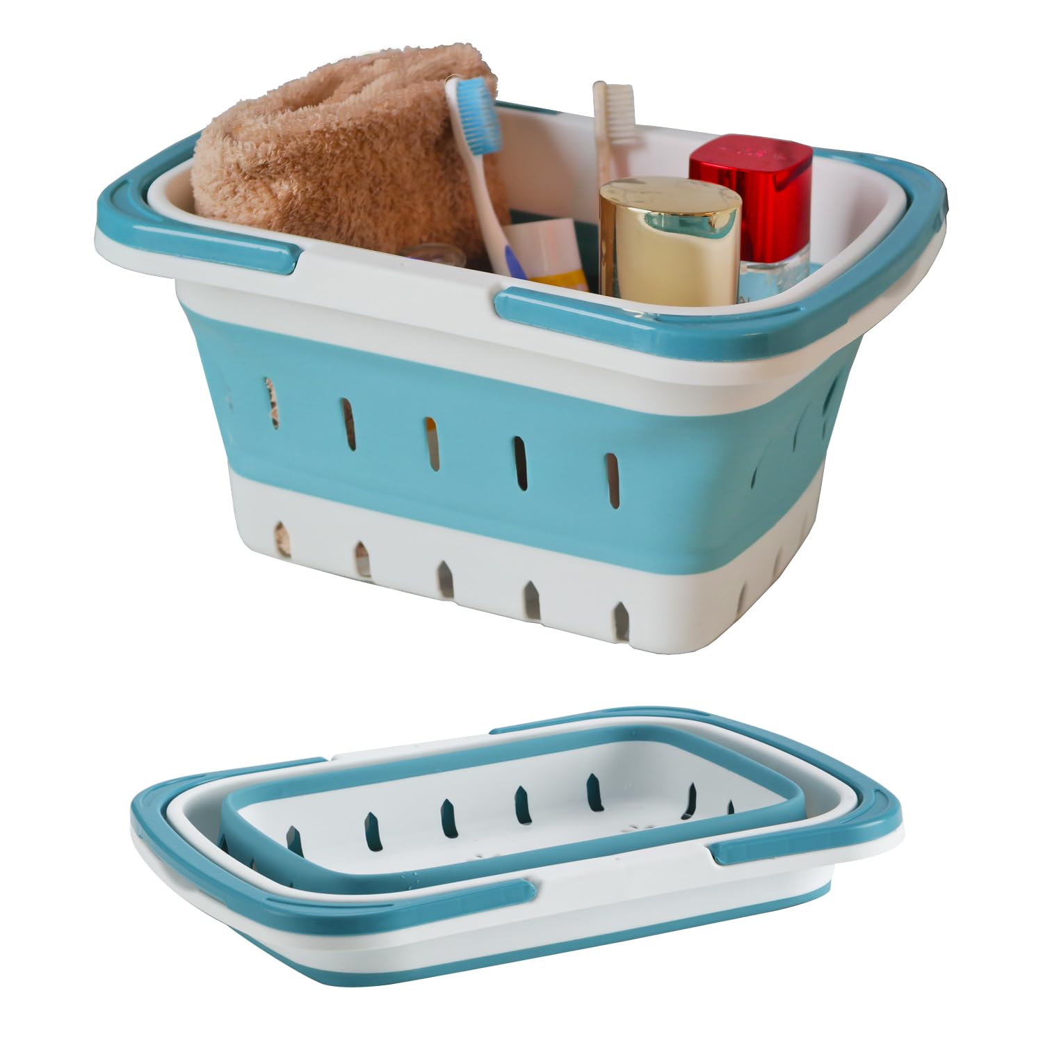 MINDFARGE Portable Folding Plastic Bath Caddy with Handle Perforated Travel Bathroom Organizer for Bedroom Bathroom Shower Dorm Room