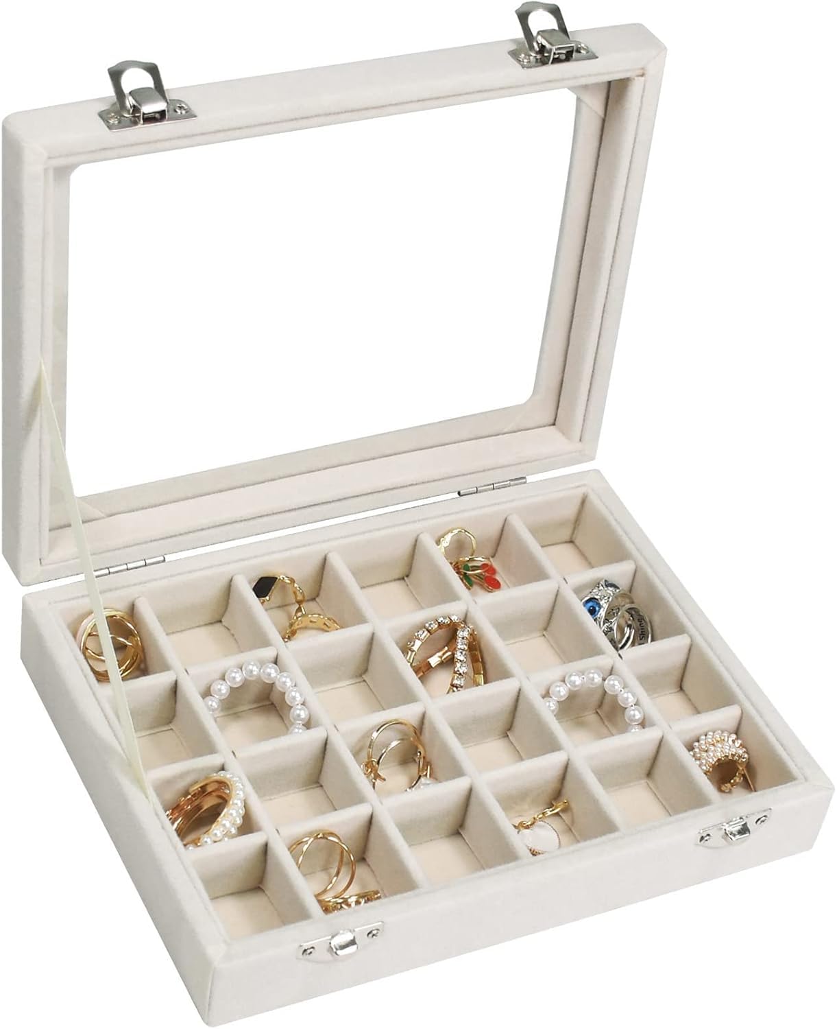 INOVERA (LABEL) Velvet Jewellery Box 24 Grid Stylish Ring Display Organiser Box Holder with Clear Glass Lid (Beige)