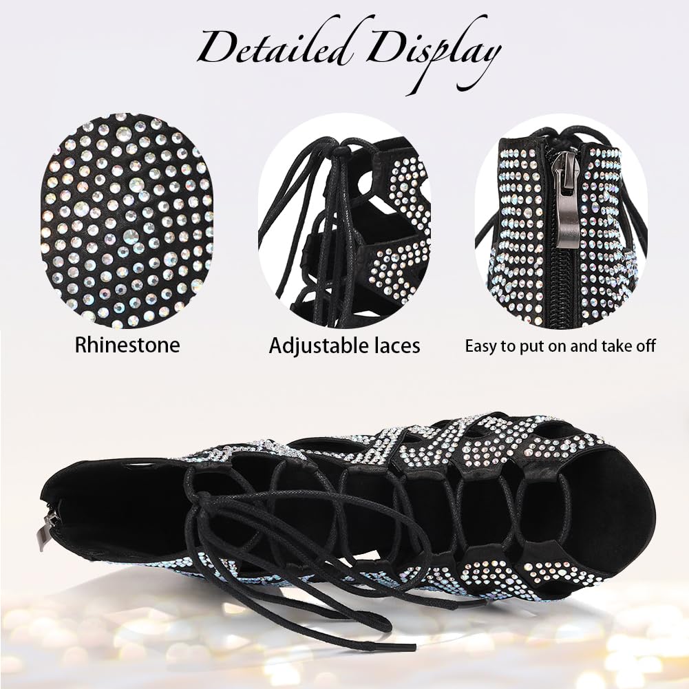Stivali da Ballo Latino Americano Donna con Punta Aperta Strass con Tacco Scarpe da Ballo Donna
