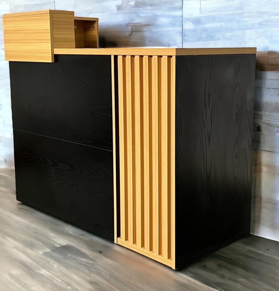 Jet-Line Bancone di ricezione Avignon, reception, bancone di reception, postazione di lavoro per salone, studi, studi o uffici, nero con effetto legno, 120 x 50 x 75 cm