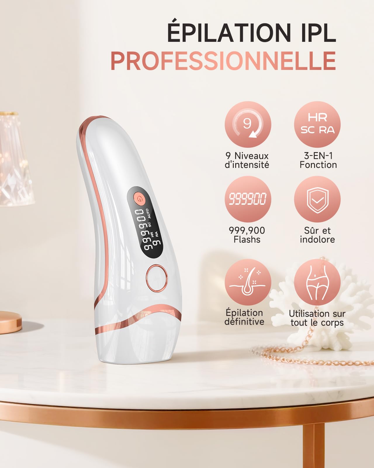 Haarlosy Épilateur Lumière Pulsée, Épilateur Laser 999,900 Flashs avec 3 en 1 [HR/SC/RA], 2 Modes 9 Niveaux Énergie IPL Laser Hair Removal pour Aisselles/Maillot, Salon à la Maison, LCN1208