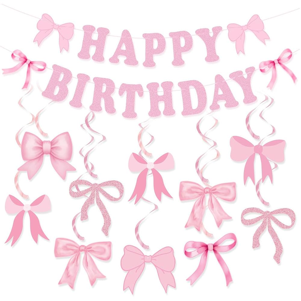Pink Glitter Happy Birthday Banner with Bows and Spiral Decorations, Party Supplies (Pink)