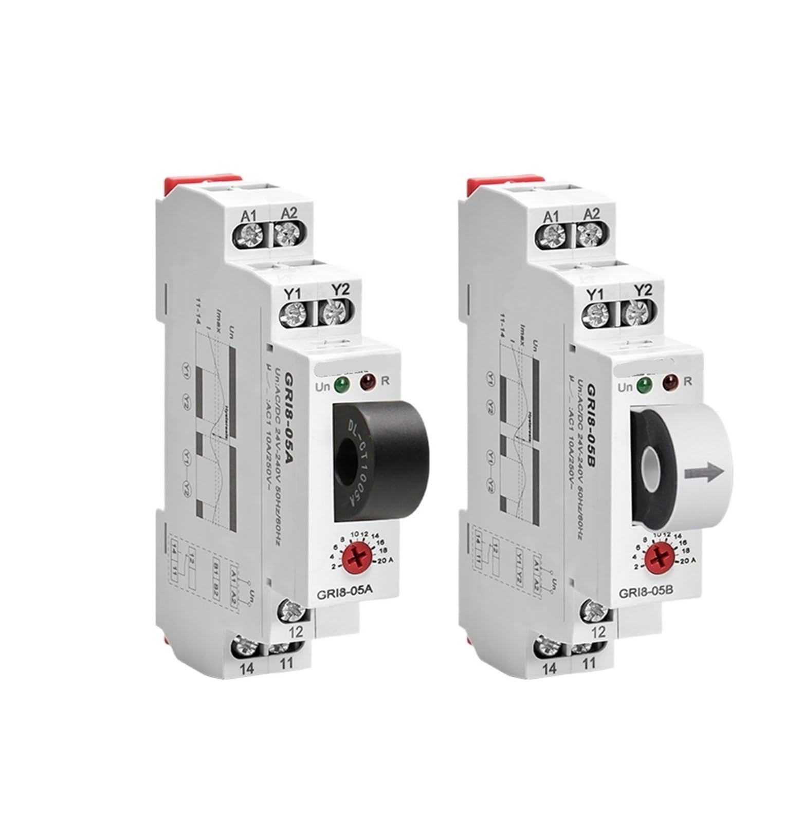 Relè di monitoraggio sovra e sotto corrente AC DC 2A-20A protezione da sovraccarico GRI8-05AB regolabile(GRI8 05B AC/DC detection)