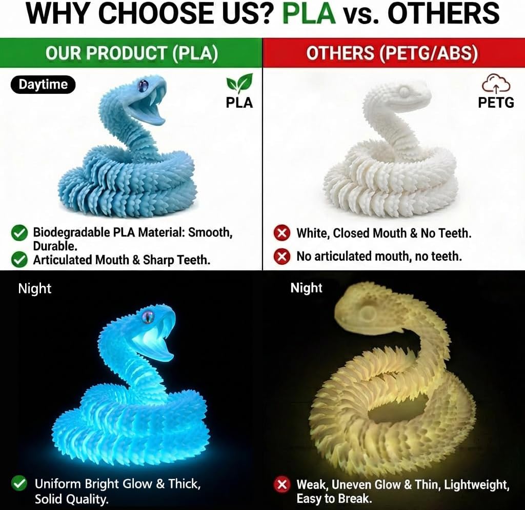 3D Printed Blue Viper Snake, 23" Glow in the Dark Articulated Snake Sculpture with Movable Jaw & Fangs, PLA Desk Decor for Display Shelves & Adult Collectors