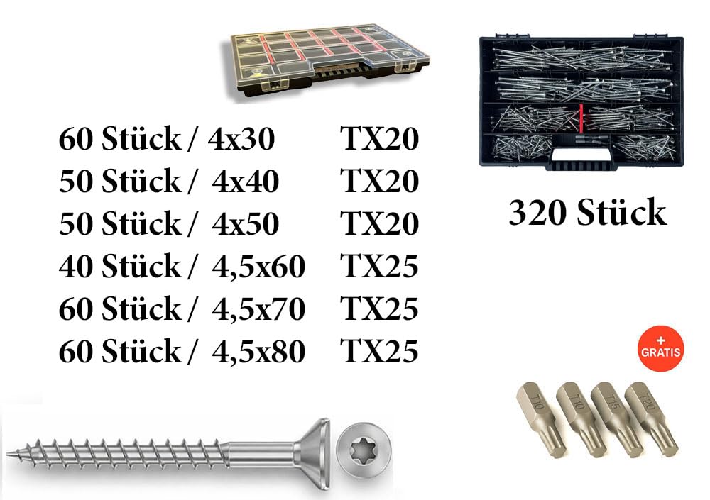 FRACKMANN Edelstahl Schraubenset 320 Teile – V2A Holzschrauben & Spanplattenschrauben 4x30 bis 4,5x80 – inkl. 4 TX Bits & Sortimentskoffer – Profiqualität Made in Germany