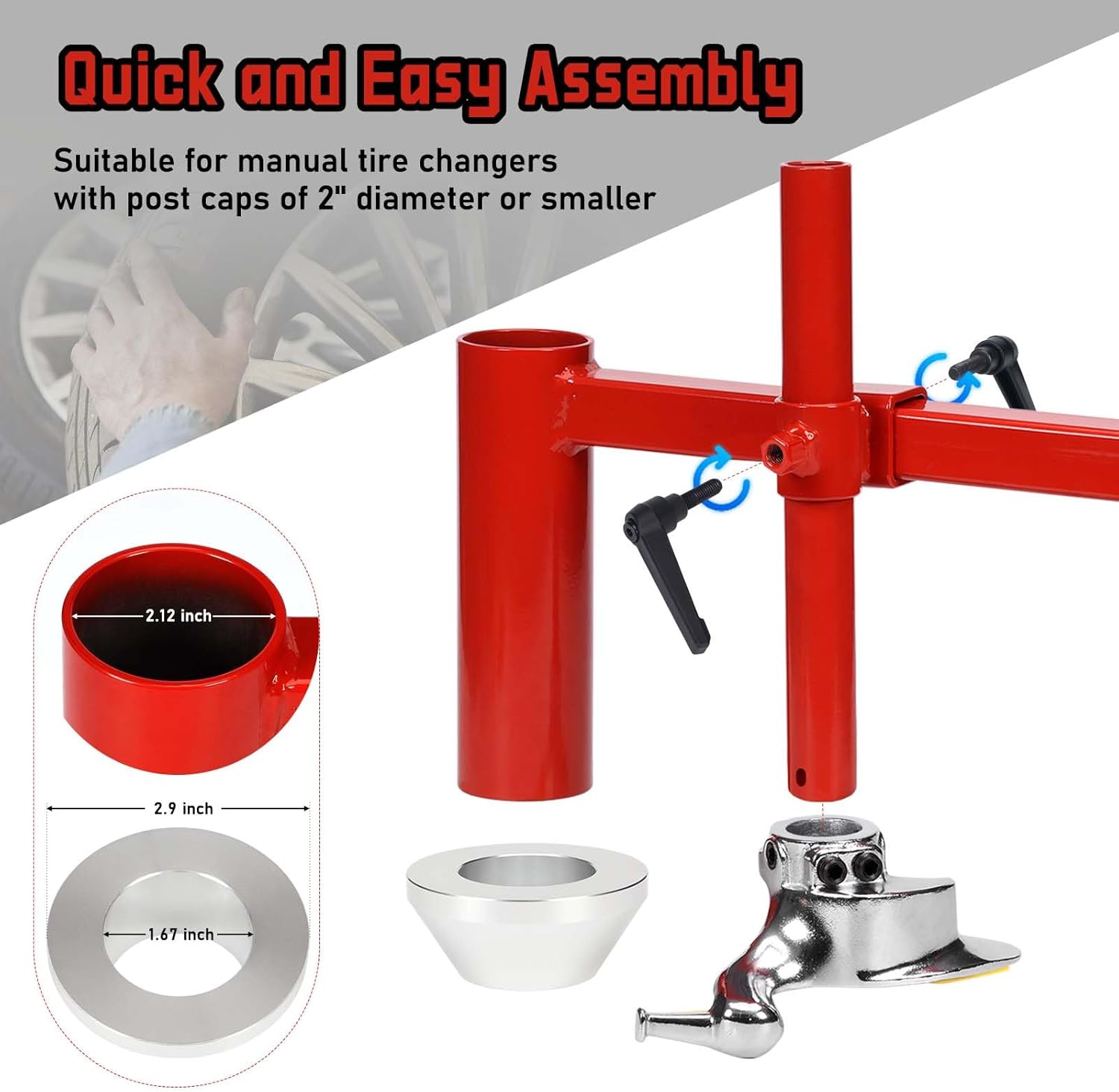 Manual Tire Changer Duck Head Kit with 1.67" Centering Cone - Upgraded Cast Steel Mount Demount Tool for 16"-21" Wheels - Fits 2" Dia Post Manual Tire Changer for Car, Truck, ATV, Trailer