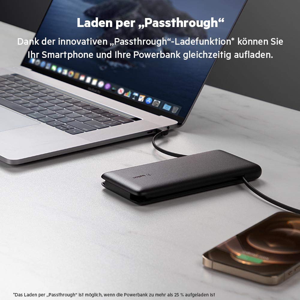 Belkin BOOSTCHARGE Plus 10K tragbares Ladegerät und Powerbank (10.000 mAh mit integriertem Lightning- (MFI) und USB-C-Kabel und zusätzlichem USB-C-Ladeanschluss) – Schwarz