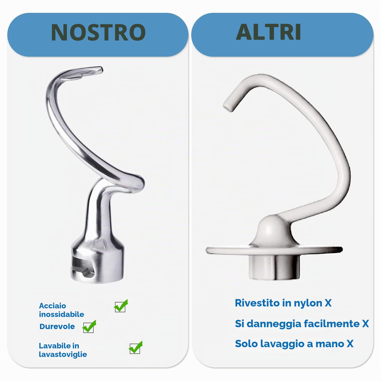 Gancio spirale per impasto per KitchenAid 4,5 e 5 quarti con testa inclinabile, Acciaio inossidabile, Accessori per mixer KitchenAid