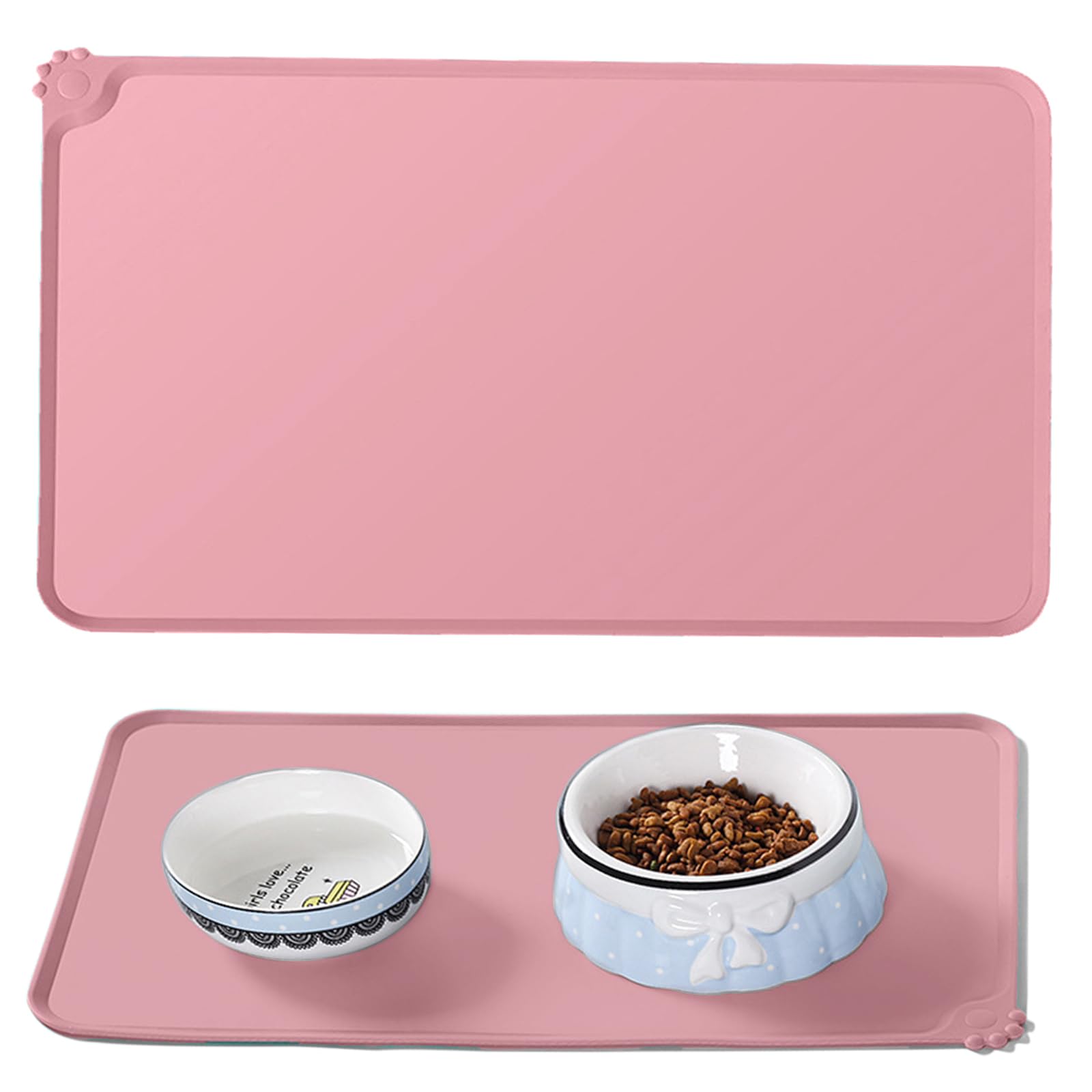 Cat & Dog Feeding Mat, Waterproof Silicone Pet Food Mat, Non-Slip & Chew-Resistant, Easy to Clean, Spill-Proof Pet Bowl Mat for Cats and Dogs（Pink)