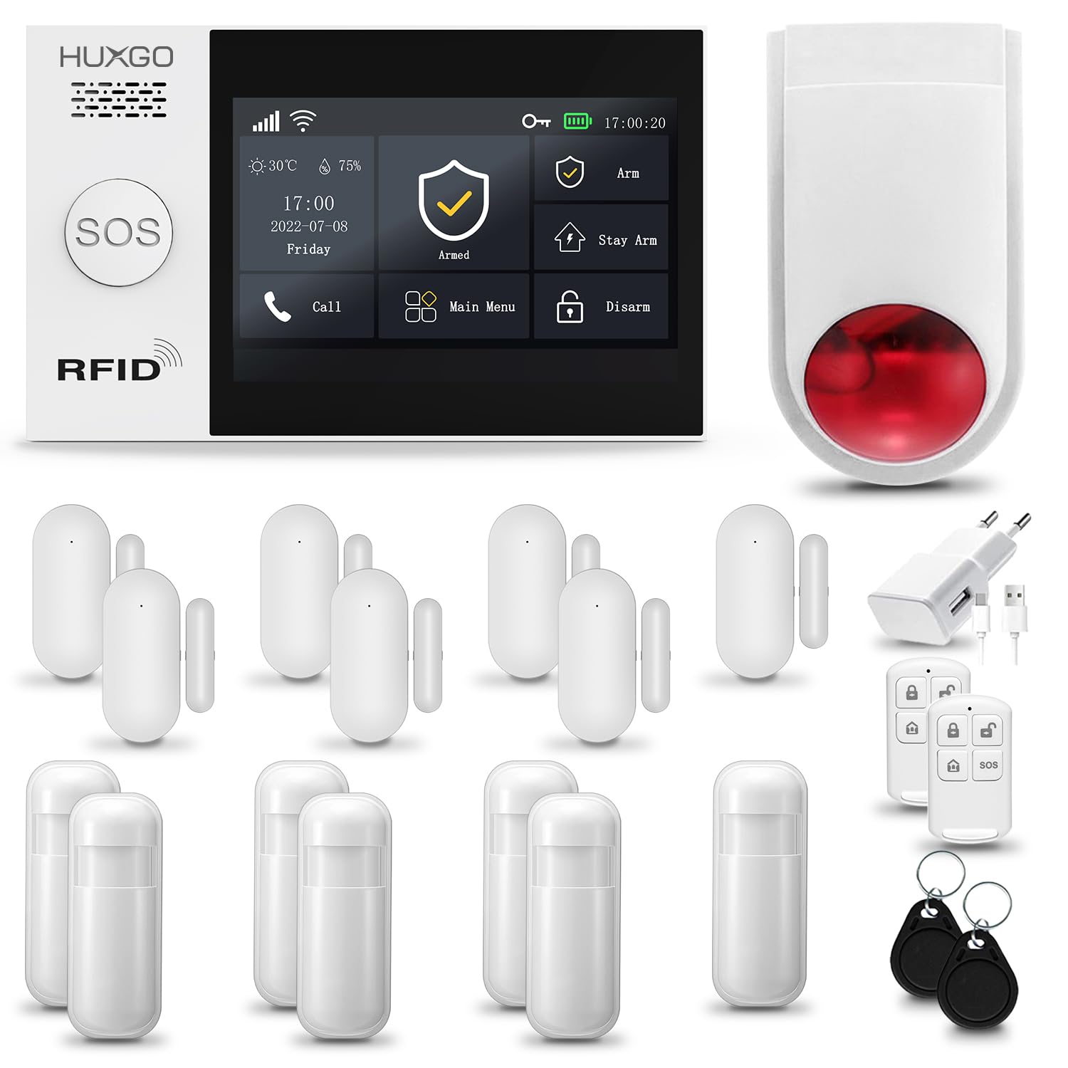 HXA007 Alarma casa con Sirena Exterior WiFi + gsm | Kit Alarma casa inalámbrico con 7X sensores PIR de Movimiento, 7X sensores de Puerta/Ventana | Aplicación Tuya con Aviso al móvil