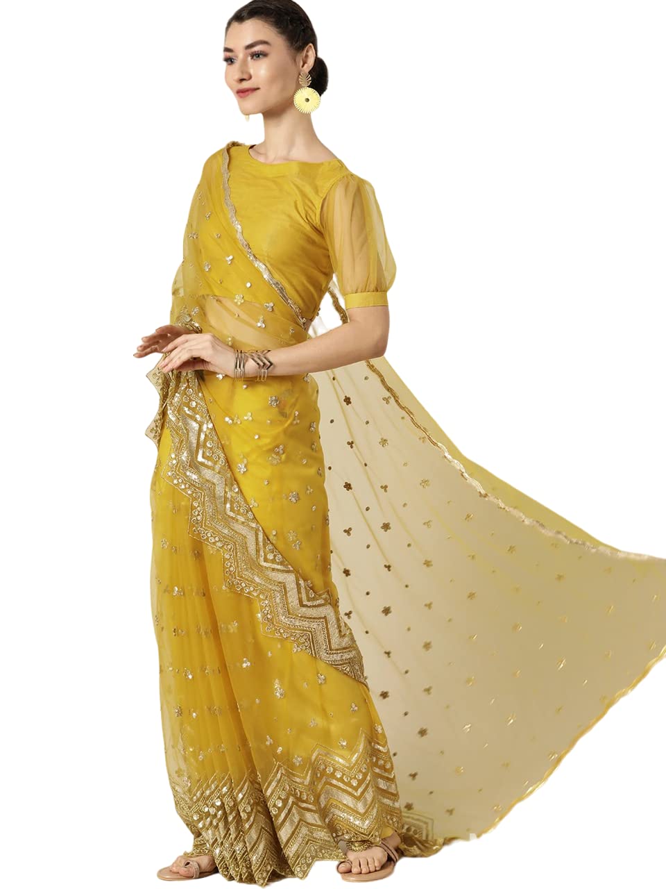 EthnicYard Net Embroidery Sequence Work Saree With Blouse Piece for womens (EY-SR-SARI2968), Yellow, One Size