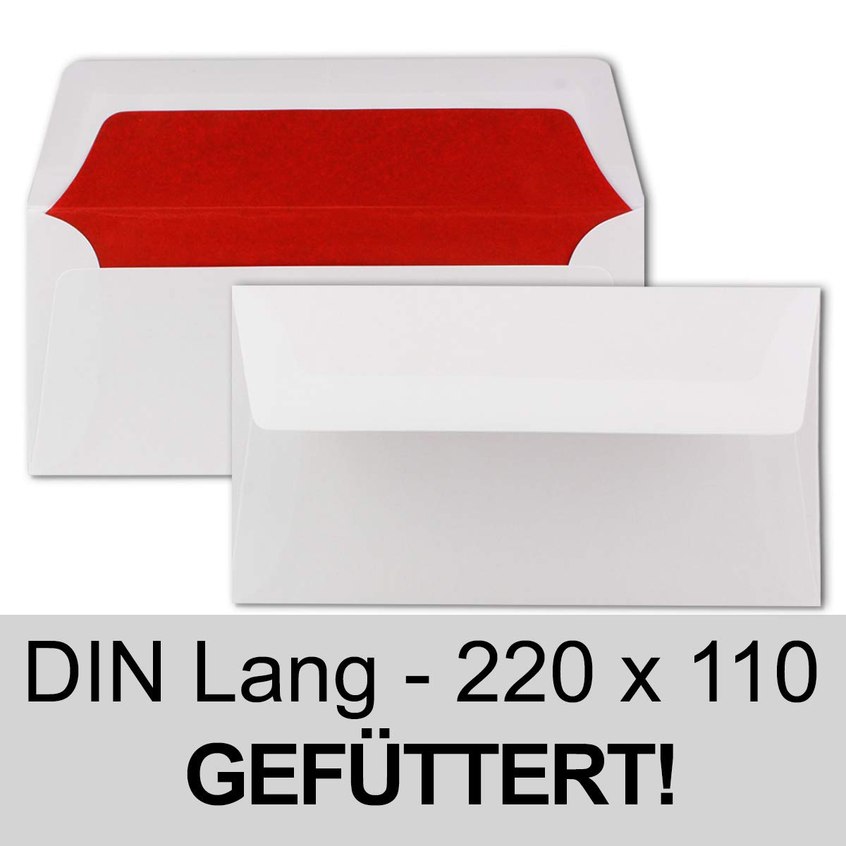 250 Briefumschläge Weiß - DIN Lang - gefüttert mit rotem Seidenpapier - 22 x 11 cm - Nassklebung, gerade Klappe - Ideal für Einladungen und Grüße zu Geburtstag und Weihnachten
