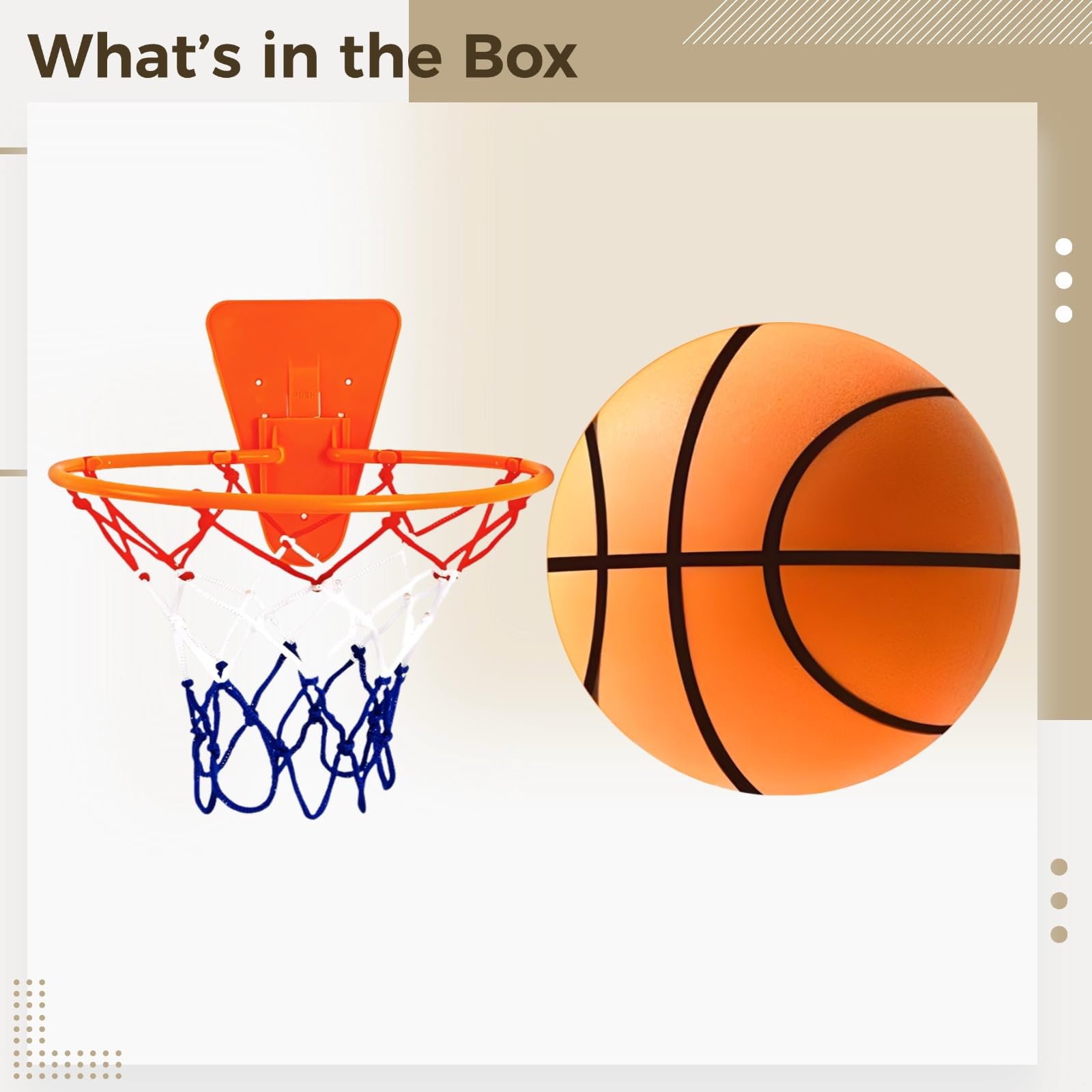 PONDON Balón de baloncesto silencioso de espuma suave, 7 rayas naranjas con borde y red para el hogar, sin ruido, pelota de regate interior, material de poliuretano para jugadores jóvenes