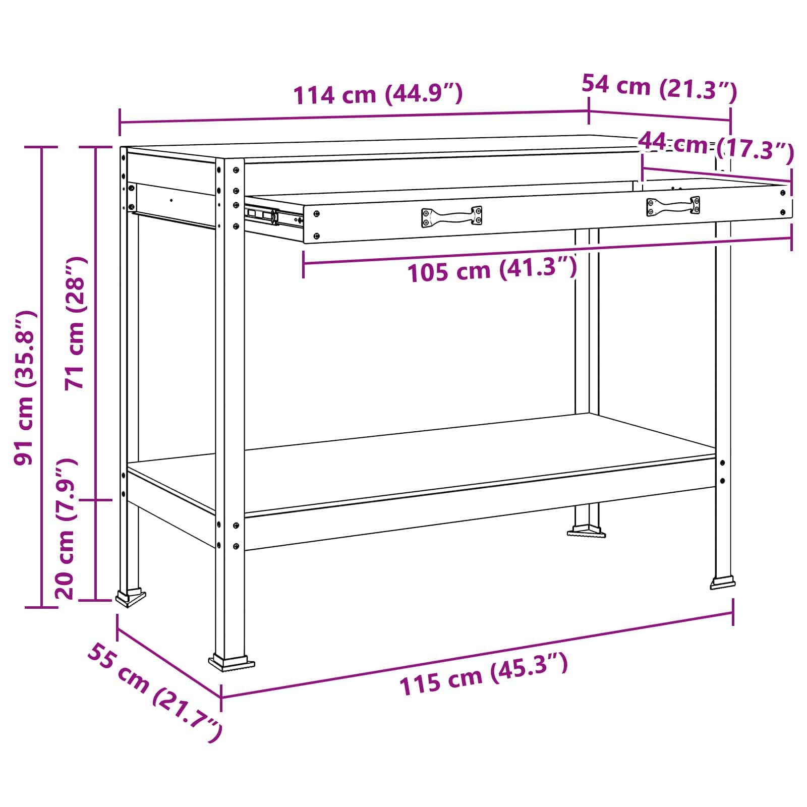 Banco de trabajo negro 114 x 54 x 91 cm de madera contrachapada y metal con cajón, pared perforada y estantes para taller, garaje y sala de ocio