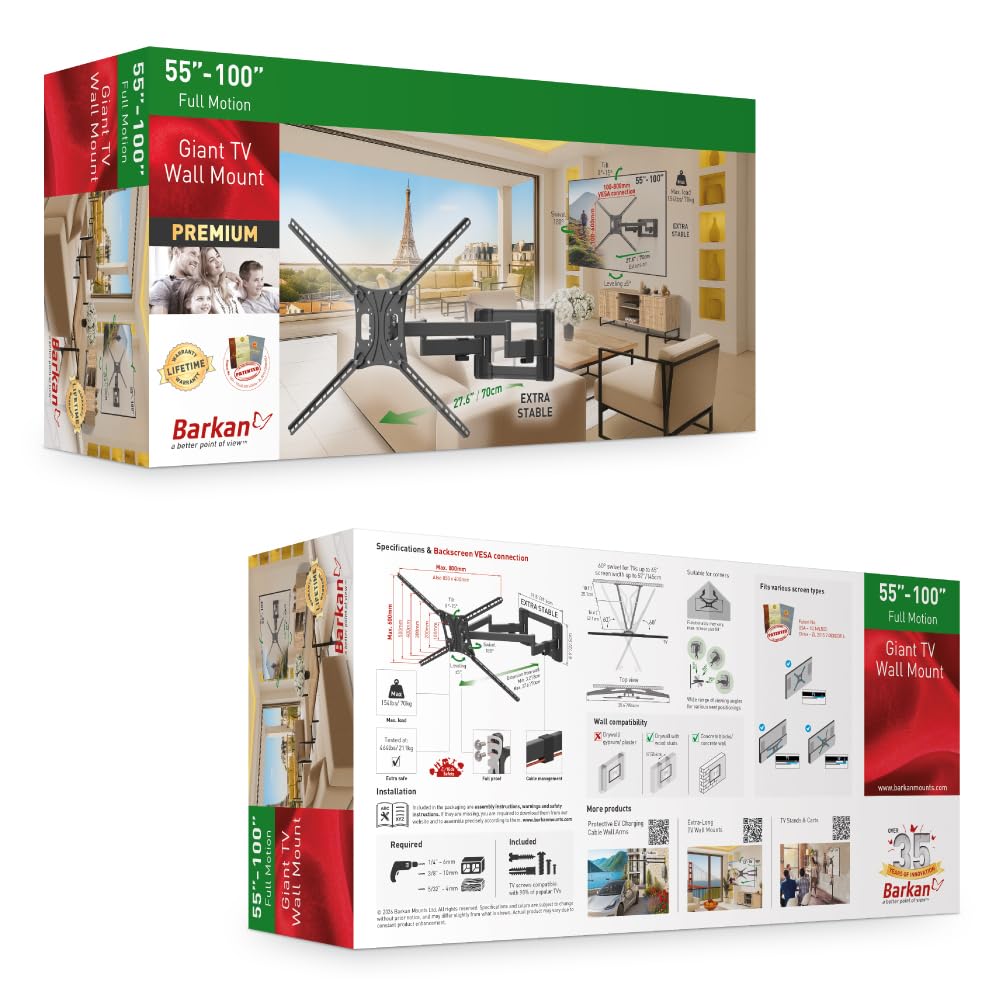 Barkan Soporte TV de Pared 70cm de Largo Brazo Doble, Inclinable y Giratorio, Articulado, para Pantallas de 55-100 Pulgadas, Peso máximo 70Kg, Extra Estable, para LED OLED LCD, hasta VESA 800x600