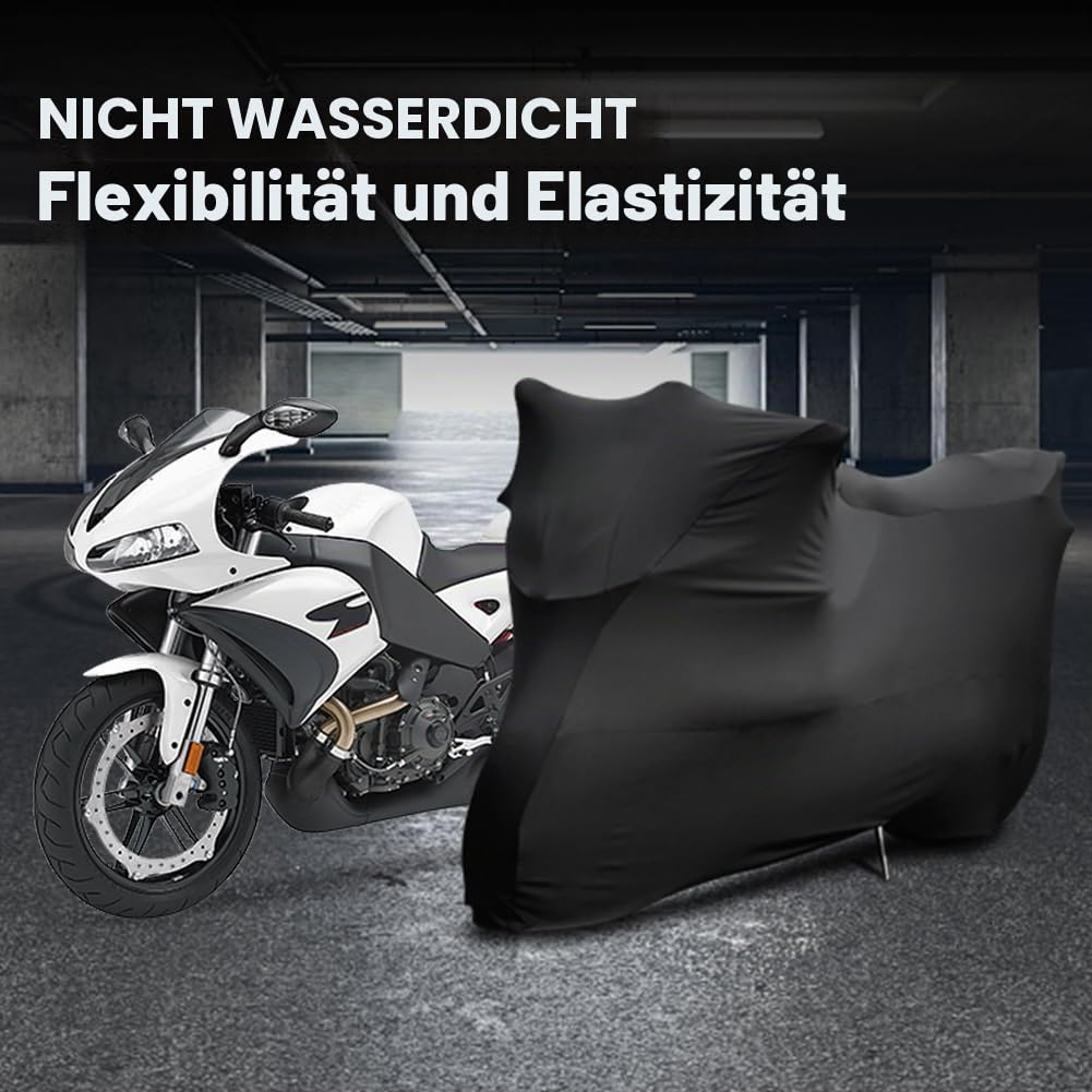 Erato Indoor Motorradabdeckung Elastische Stretch Stoff 295 x 109 x 140 cm | Motorrad Abdeckung Staubschutzabdeckung Indoor Atmungsaktiv UV Staubschutz für Garage, Schwarz