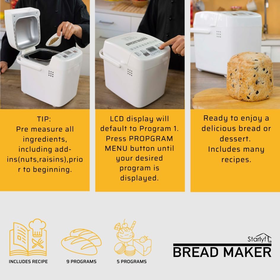Three images showing the bread making process: 1. Adding ingredients to the bread pan. 2. Selecting a program on the control panel. 3. A finished loaf of bread on a cutting board.