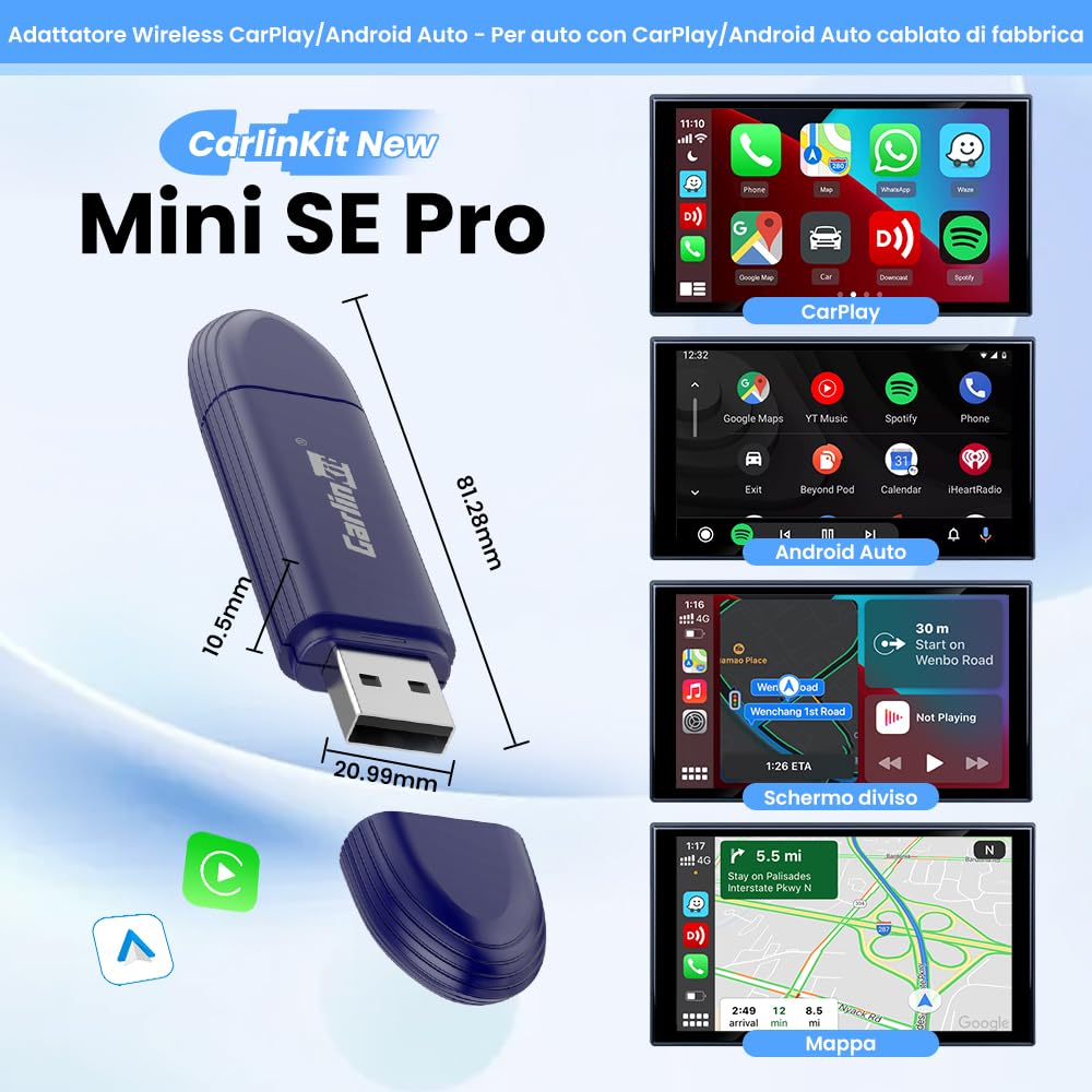 Carlinkit MINI SE Pro CarPlay Wireless e Android Auto Wireless 2 in 1,per Converti carplay&Android auto cablato in wireless carplay&Android auto adapter, per Car Modelli 2016+