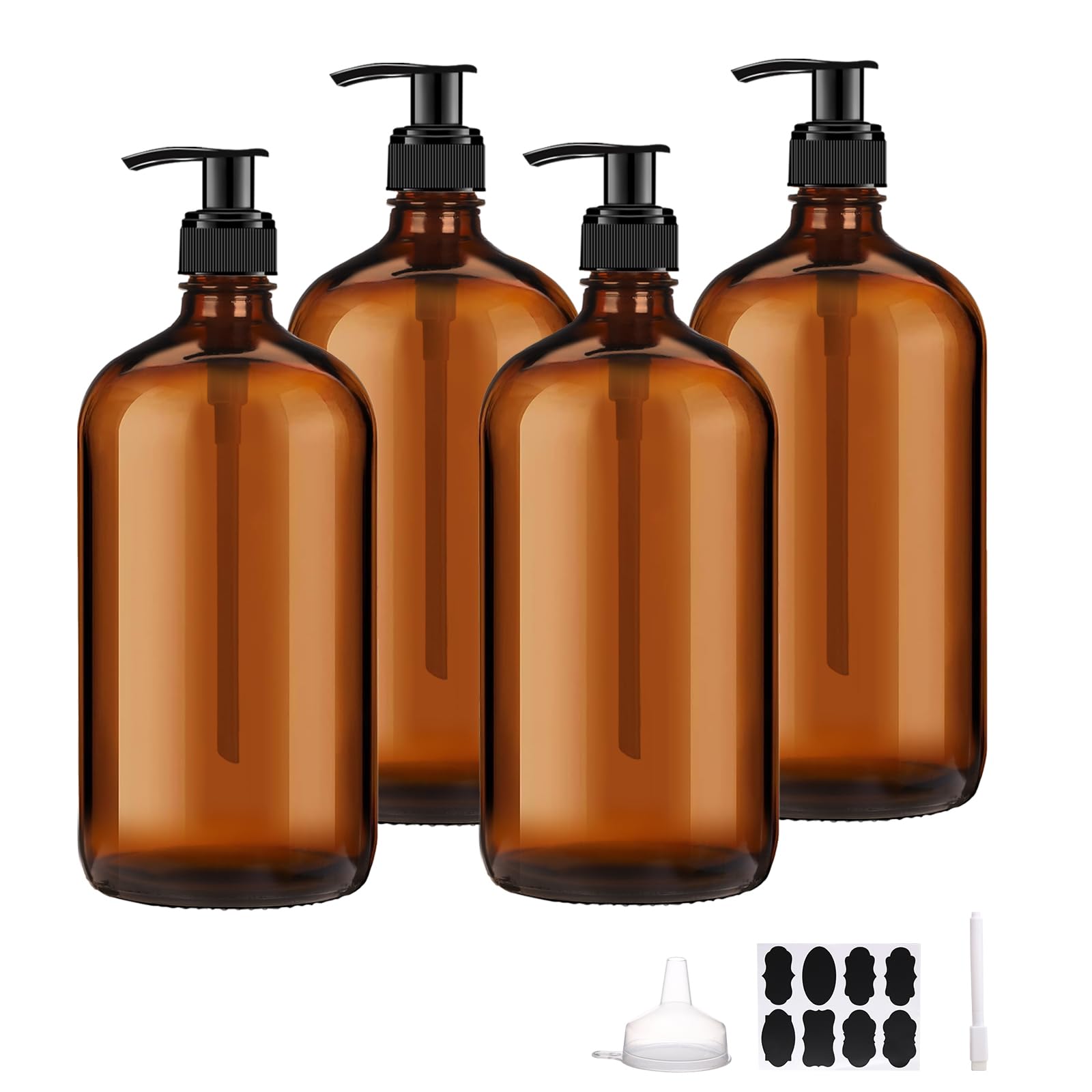BPFY 4 Pack 32 oz Amber Glass Pump Bottles, Glass Dispenser Bottles with Pump, Boston Round Bottles with Pumps for Shampoo and Conditioner, Body