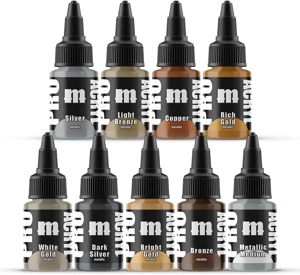 Monument Hobbies PRO Acryl 22ml Acrylic Paint Set - Miniature Paint for Wargames - Non Toxic Acrylic Paint Compatible with Both Brush and Airbrush Painting Techniques - Metallic Set