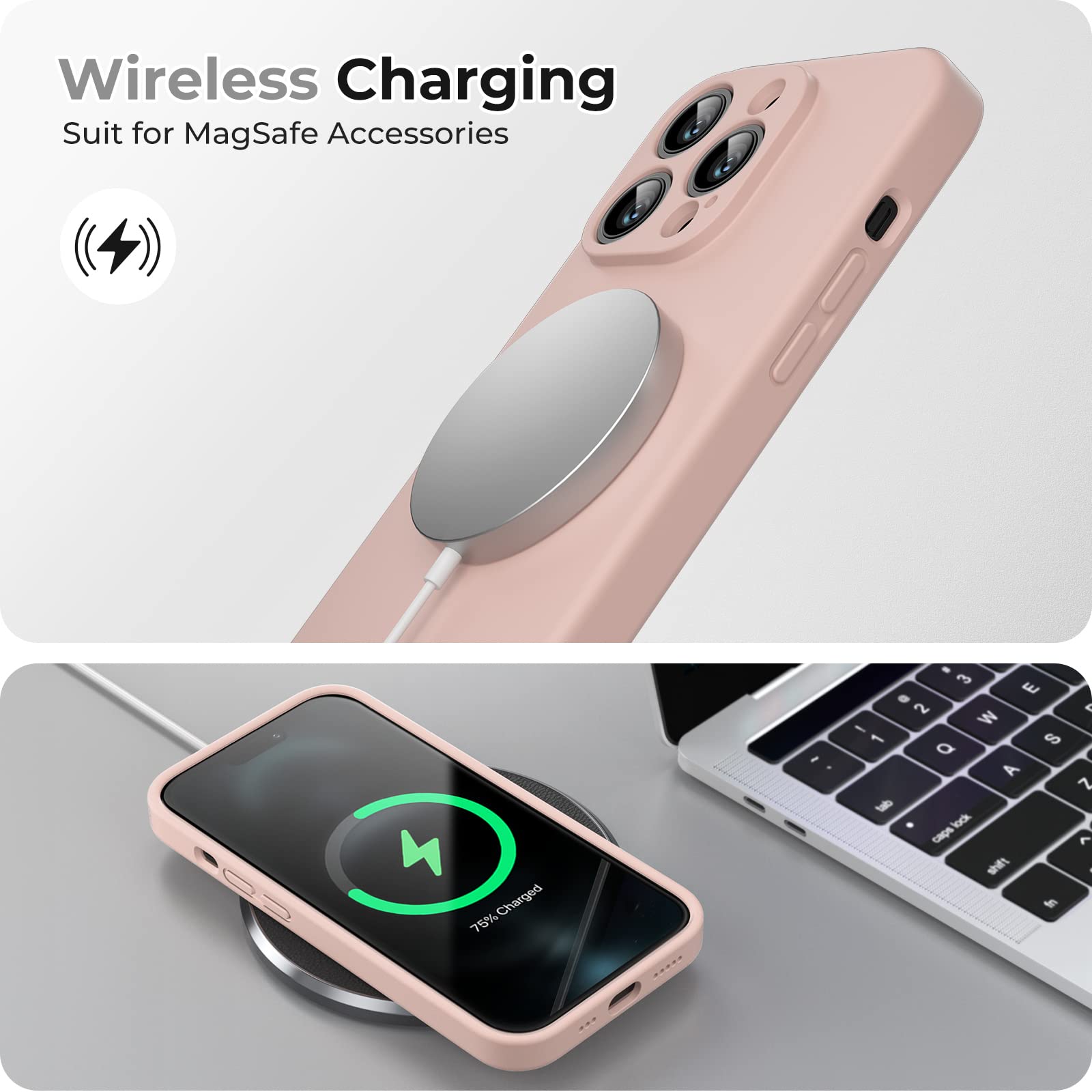 GOODVISH 3 in 1 Cover per iPhone 14 Pro in Silicone 6,1" (2022), con 2 Pezzi di Pellicola Protettiva, iPhone 14 Pro Custodia per Cellulare Antiurto Resistente Protezione Fotocamera, Rosa Sabbia