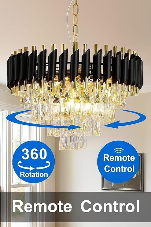Image of Modern Ceiling Lamp 4-Tier Round Crystal Chandelier for Living Room | Bluetooth Remote Control and Moving Round| Speaker+ Multi Color LED Light (Remote Black Gold, 500MM)