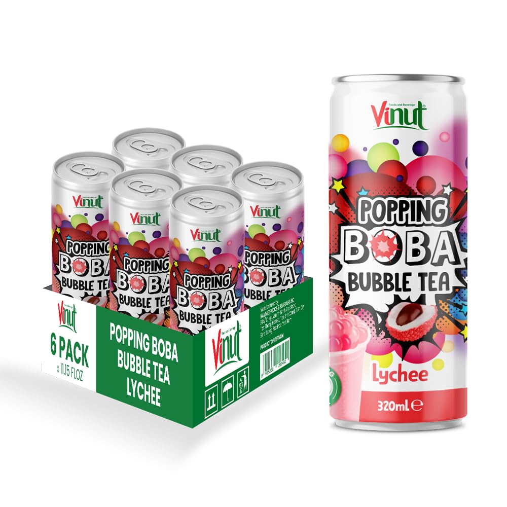Vinut Popping Boba Bubble Tea Lychee Flavour (320ml, Pack of 6) Ready - To - Drink Bubble Tea with Boba Popping Refresh Canned Bubble Tea Low Sodium