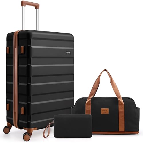 Hoteel 3 Piece Carry on Luggage Sets with Spinner Wheels, ABS Hard Shell Suitcase with TSA Locks, 20 Inch Lightweight Luggages for Travel, Black(BP/TB/20)