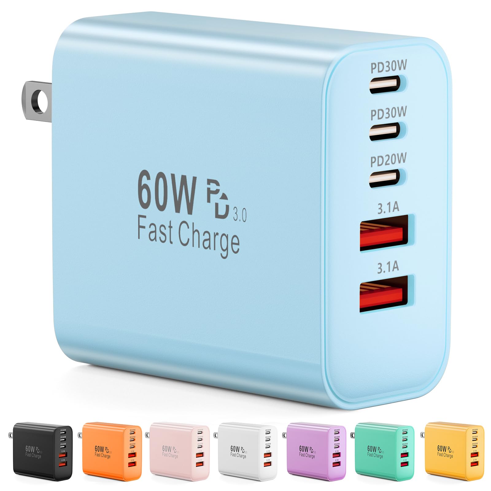 Bloc de charge rapide USB C, 60 W, 5 ports de type C, charge rapide (bleu)