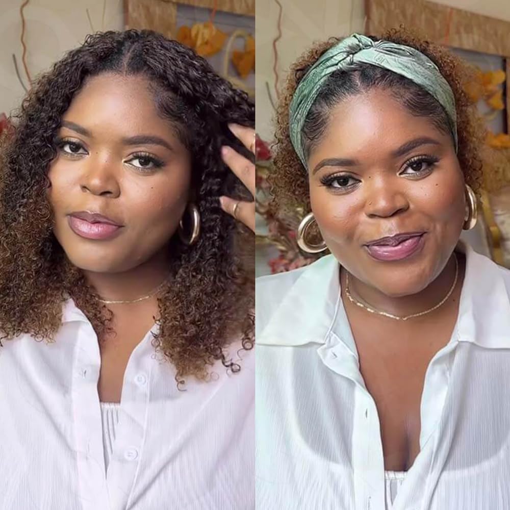 QVR Extensions de cheveux humains afro crépus bouclés au crochet fabriqués à la machine - Brun ombré - 35 cm