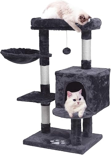 MQ Torre de árbol para gatos de 367 pulgadas con perchas acolchadas de felpa condominio hamaca y poste rascador para gatos grandes Beige, Gris