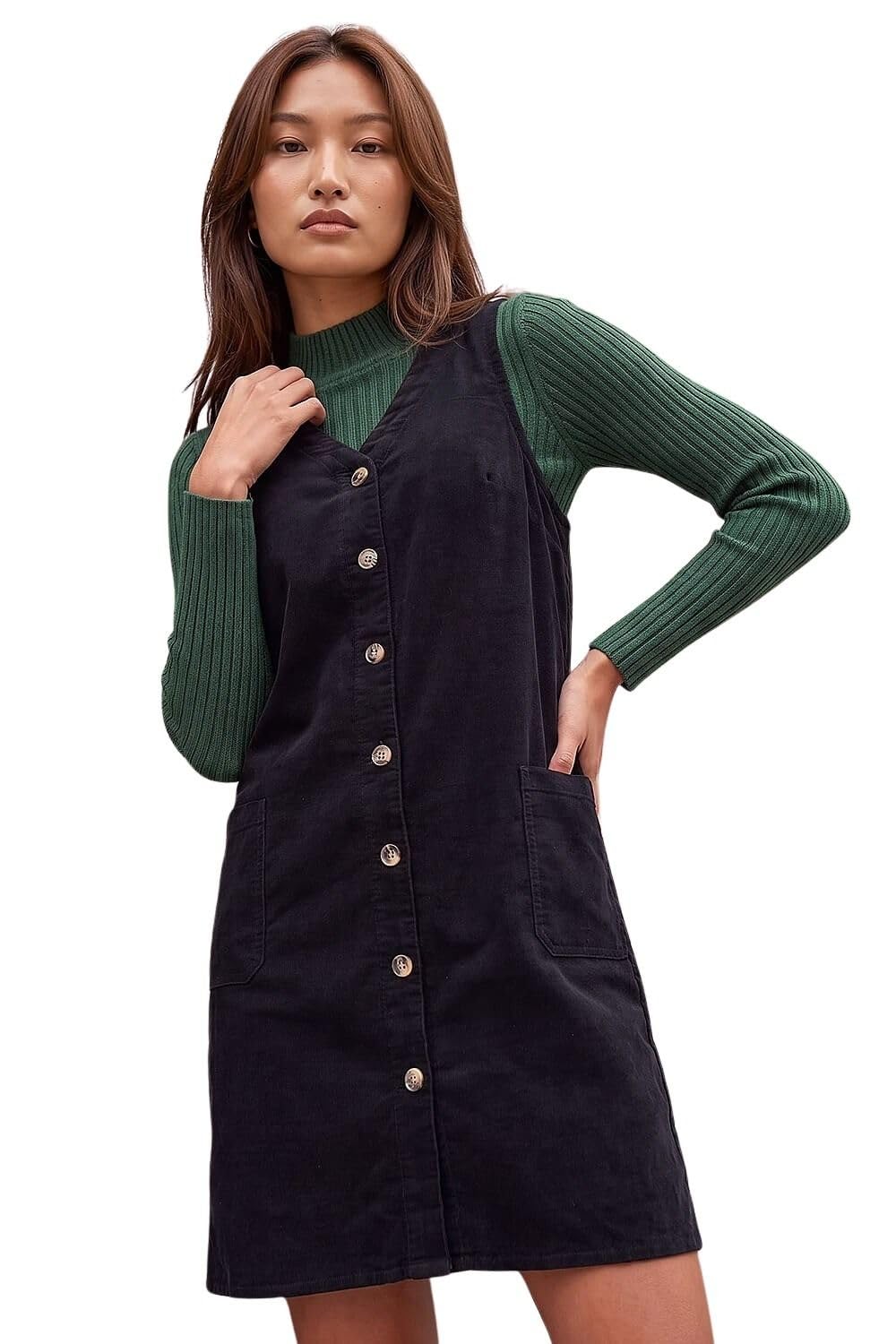 Roman Women's Black Cotton V-Neck Button Pocket Dress In | Size: 20