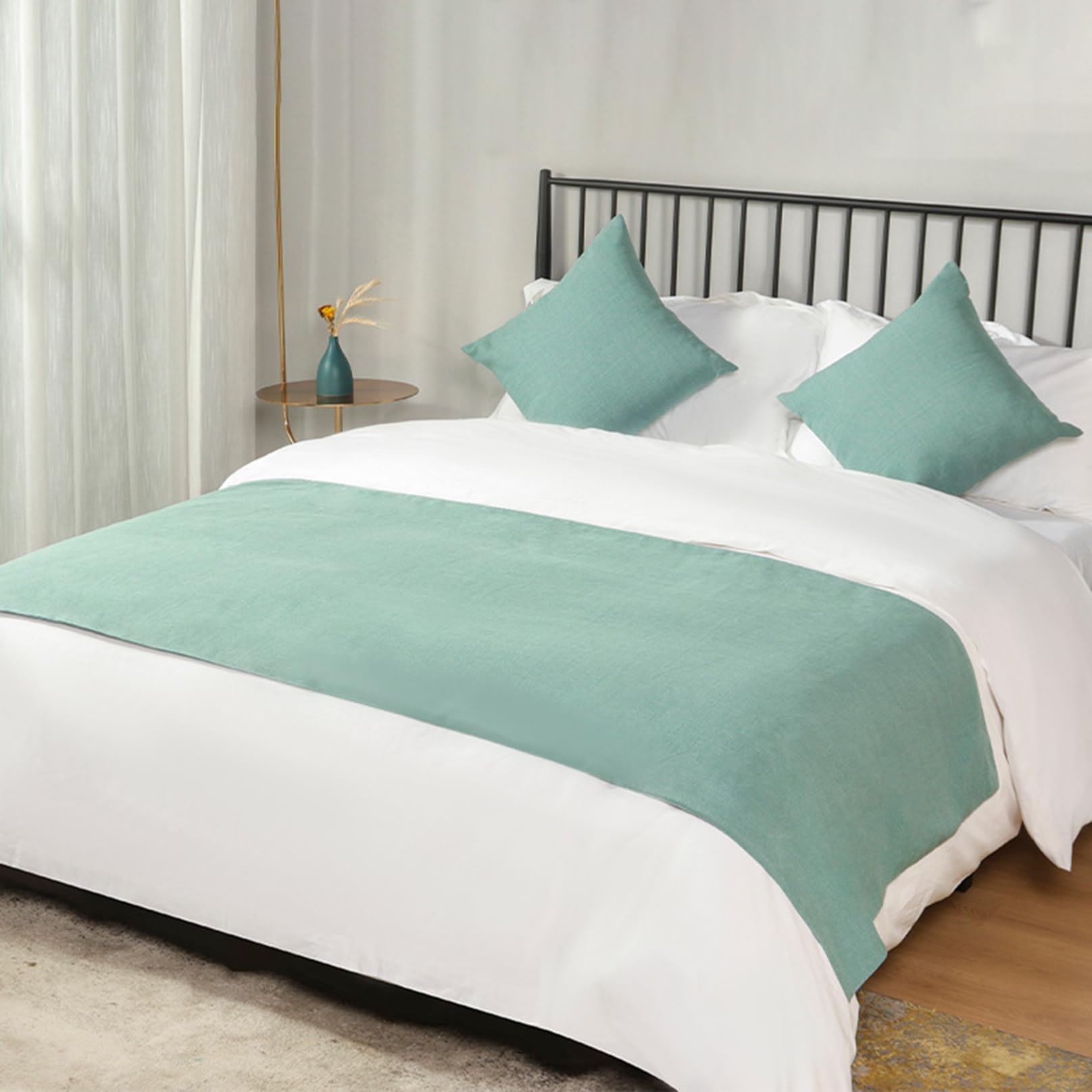 LEEMQCYA Simple Bed Runner Green Linen Bed Scarves No Fading Coverlets Hotel Bedspread Bedding Protection Cover Bed End Towel and Matching Cushion Cover, 50x220cm for 1.35-1.5m bed — image 1