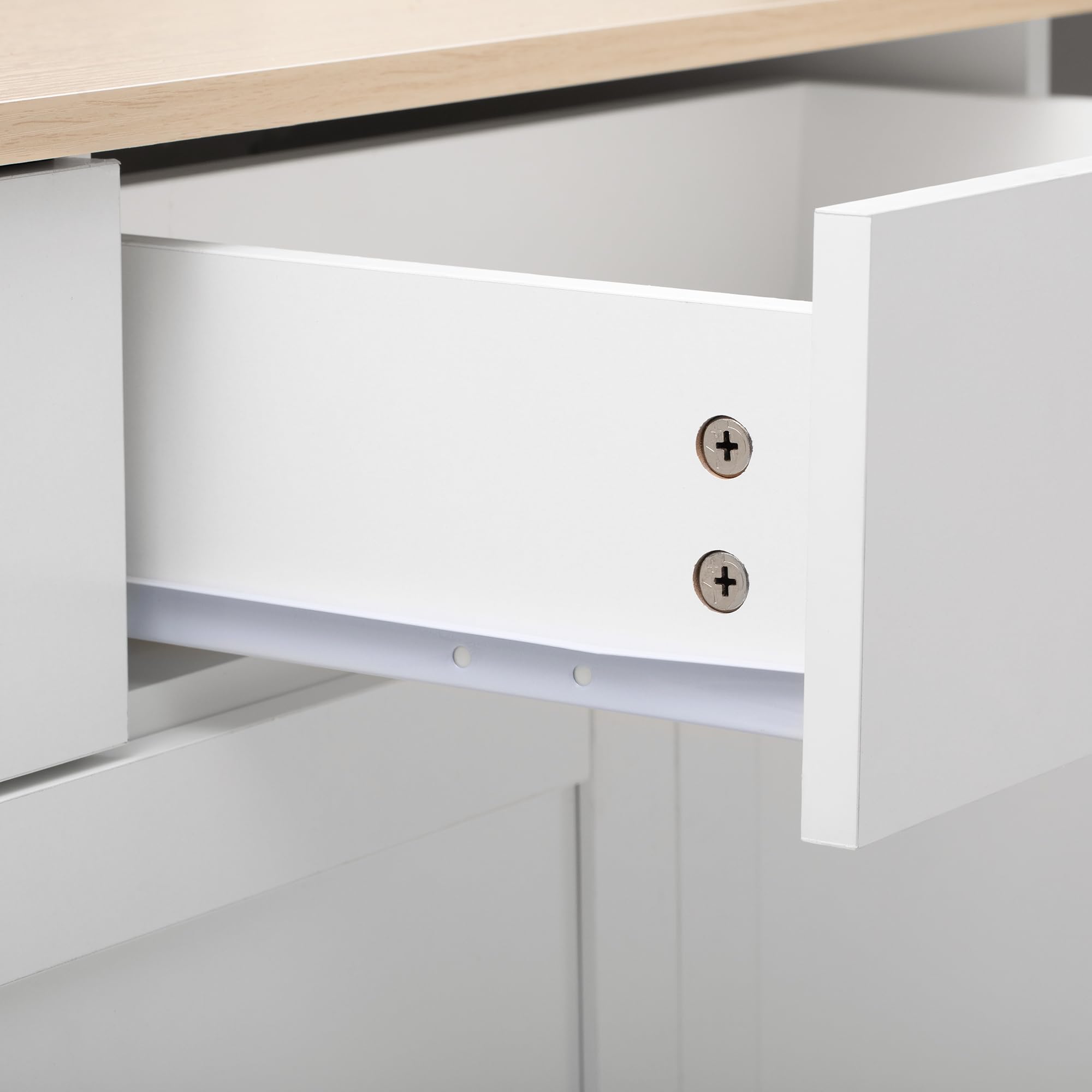 Credenza con venature in legno bianco, quattro ante, con tre cassetti, per sala da pranzo, soggiorno, colore legno e bianco