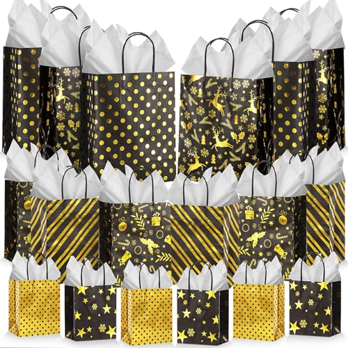 Humyoun 18 Pack Christmas Paper Gift Bags Bulk Assorted Sizes, Black, Gold