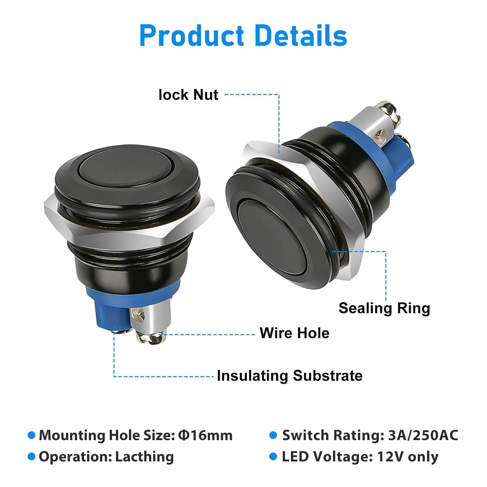 Linkstyle 5szt Metalowy Chwilowy Przełącznik Przyciskowy, 12V Okrągły Klawisz Start Wł/Wył do Otworu Montażowego 16mm 5/8” do Samochód