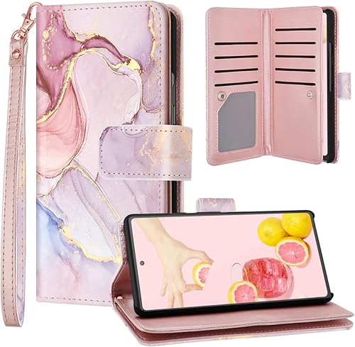 Fingic Funda para Google Pixel 6a, funda para Google Pixel 6a, cartera de 9 tarjetas de mármol de oro rosa, correa de muñeca desmontable de piel