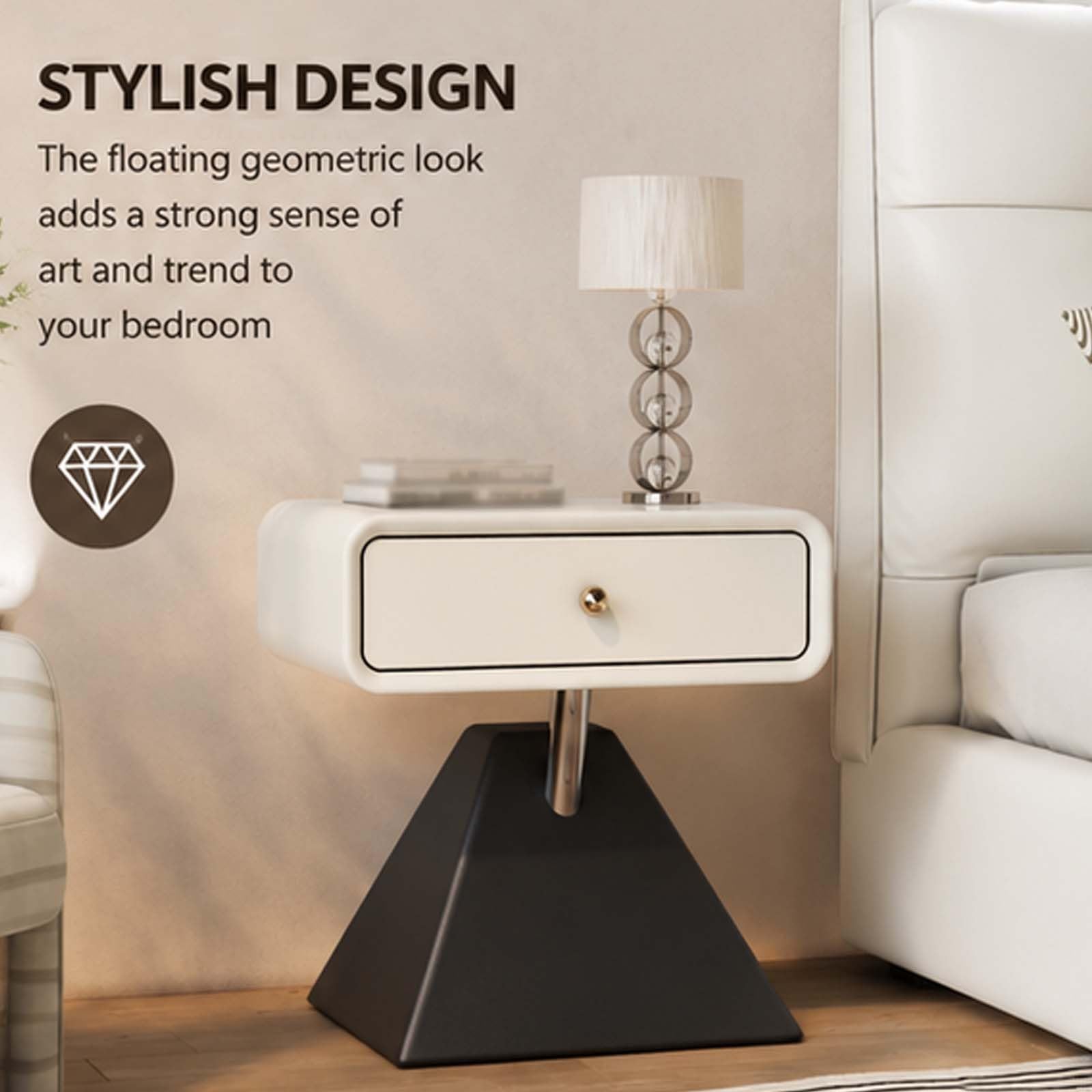 Comodino Moderno Geometrico, Tavolino da Letto Piccolo con Cassetti | Comodini Laterale in Legno con Pelle in Microfibra per Camera da Letto, Soggiorno, Studio
