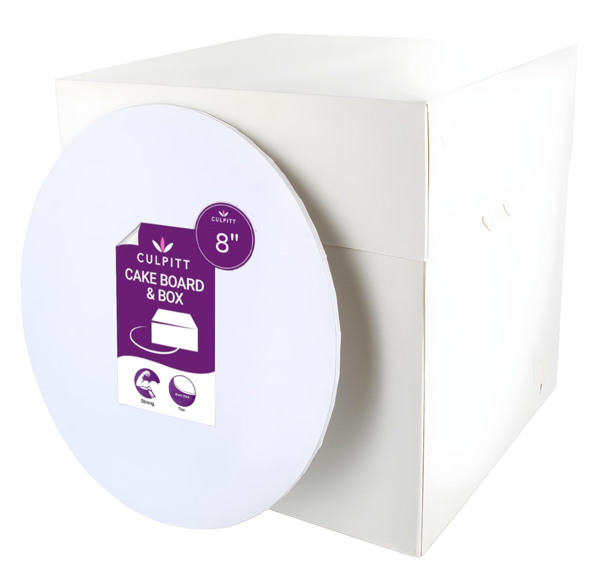 Culpitt Tall Cake Box & White Cake Board Set | 8" | 8 x 8 x 8 Inch Square Tall Box and Matching Premium Masonite Board, For Tiered or Decorated Transport - 1
