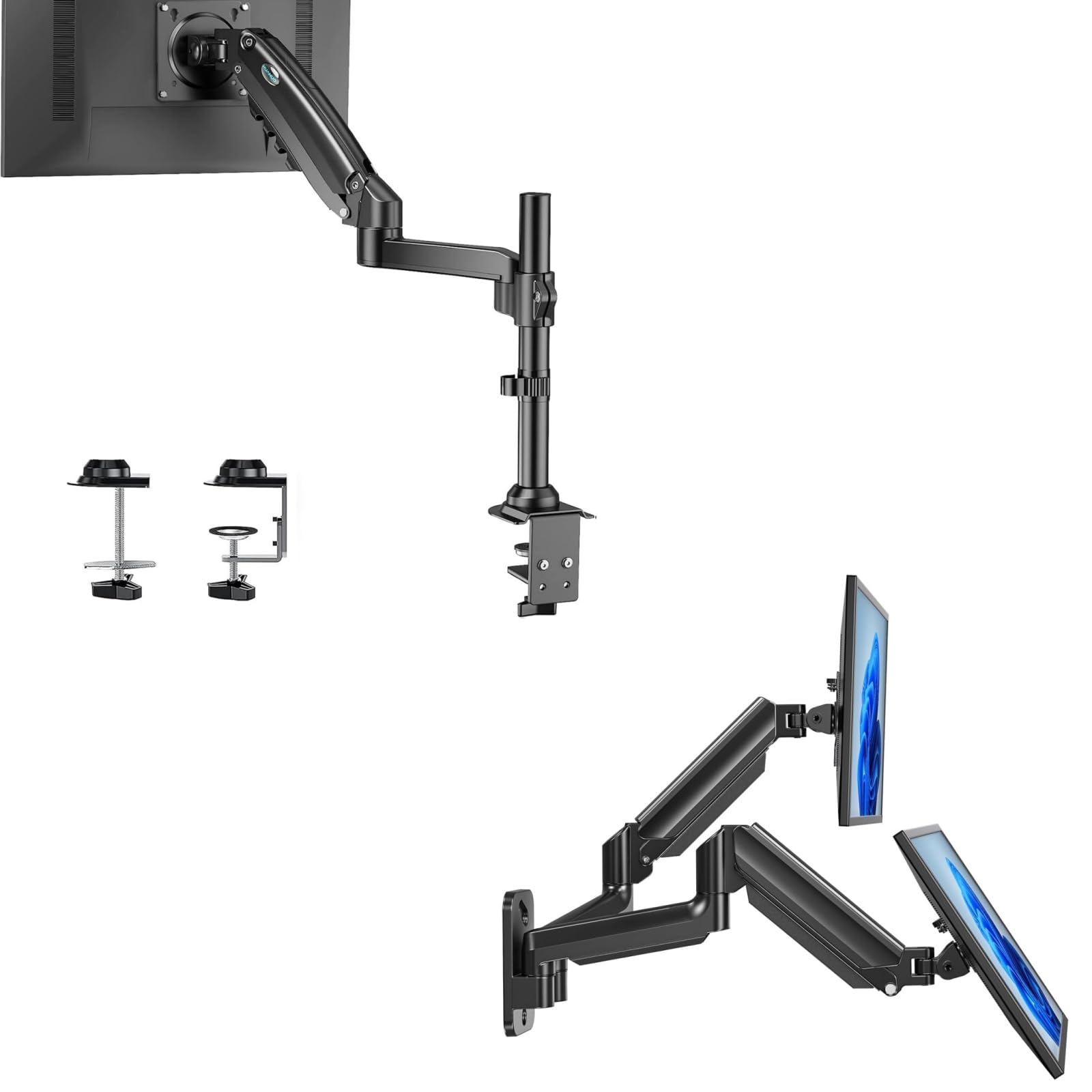 Dual Arm Gas Spring Monitor Mount - Full Motion Adjustable Stand For 12-24 Inch Screens