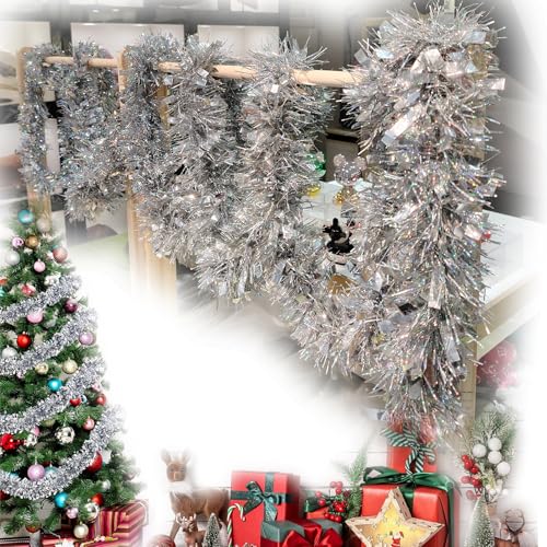 Guirlandes Tinsel Noël, 4 pcs x 2 m Guirlande Tinsel Brillante,Guirlande De Noel Sapin,Convient pour La Décoration Intérieure Et Extérieure De La Fête De Noël (Argent)