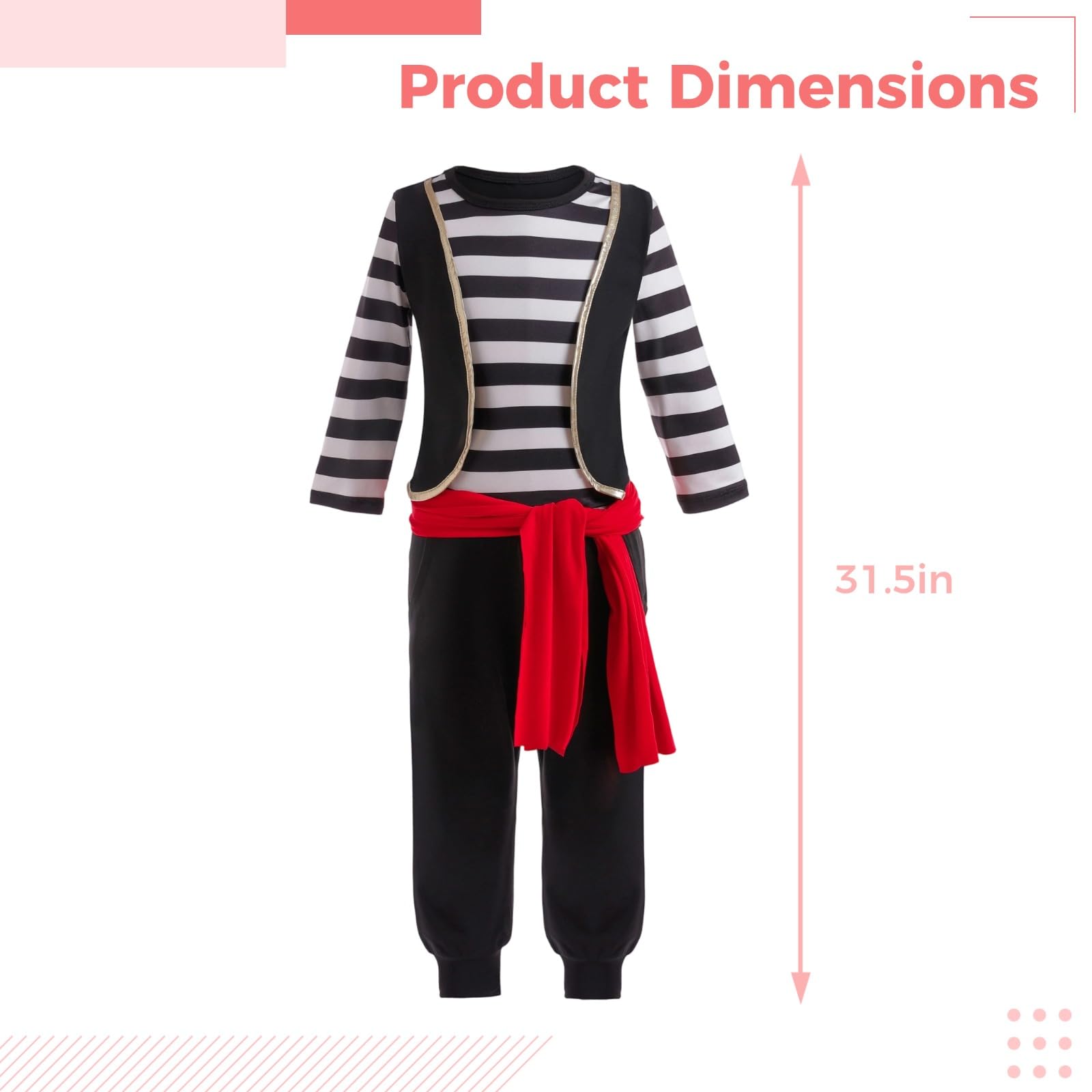 Costume da pirata per ragazzi, completo con camicia a righe e tuta, include copertura per gli occhi, per Halloween, feste di ruolo