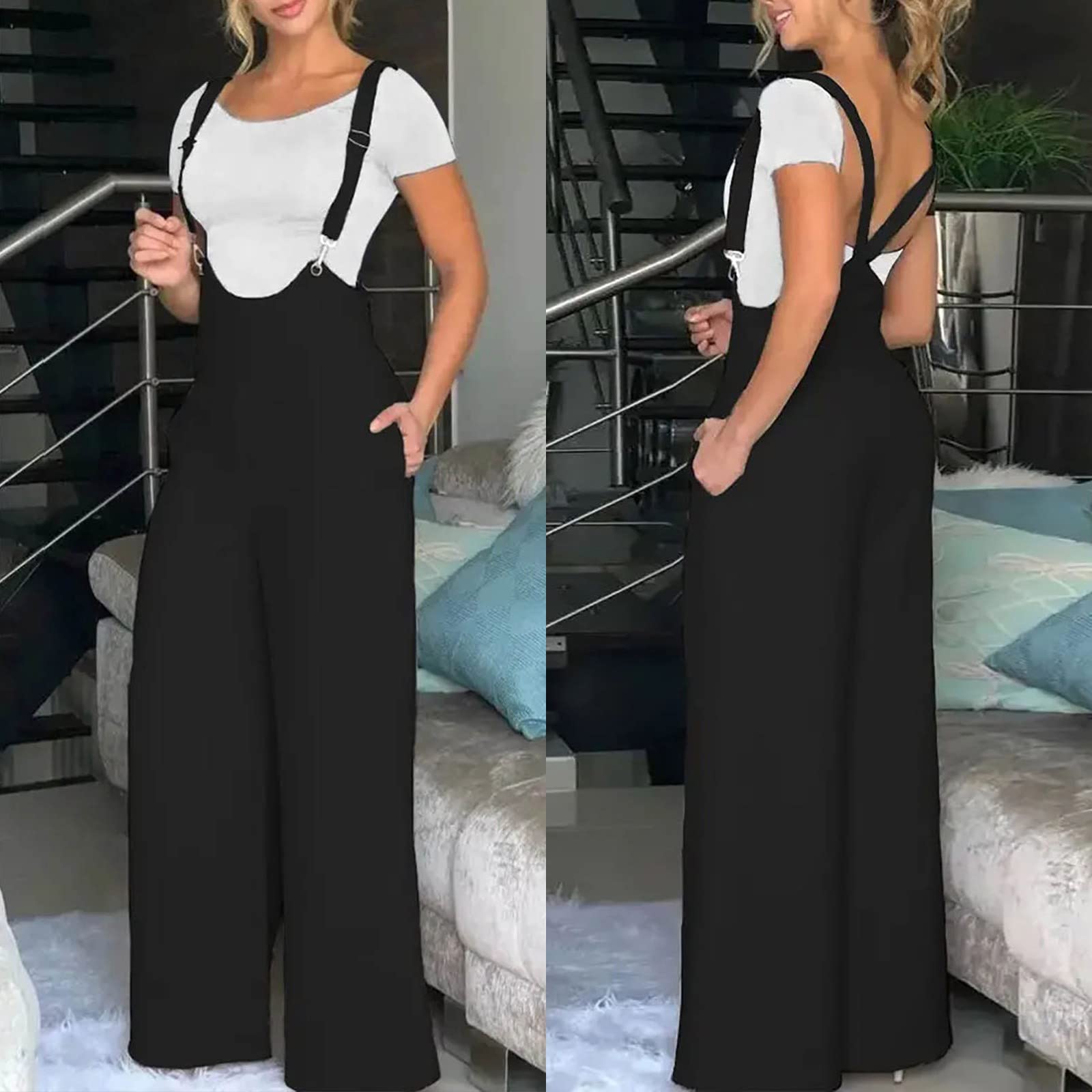 Generisch Peto para mujer, vaqueros holgados, mono largo de verano, pantalones de trabajo, elásticos, informales, monocolor, con bolsillos, pantalones harén, sin mangas, pantalones de chándal