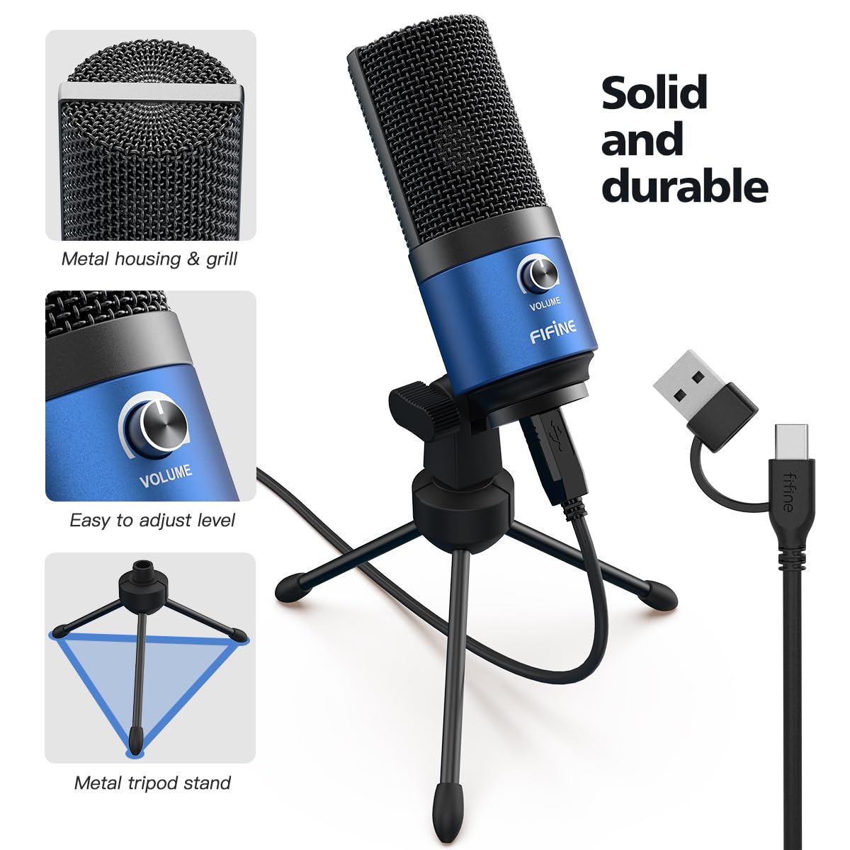 FIFINE K669L Microphone d'ordinateur USB pour Enregistrement vidéo Youtube Voix sur Voix sur Mac et PC, Microphone à condensateur avec contrôle de Gain pour Home Studio, Plug & Play