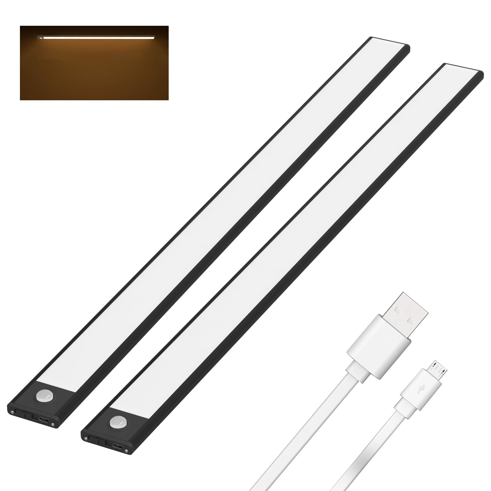 Klighten 2 Pezzi 60cm Luce Led Sottopensile Cucina Ricaricabile, Luce Armadio con Sensore di Movimento, 113 LEDs, 3 Modalità, 3200mAh, Led Armadio Magnetica, Bianco caldo 3000K, Noir