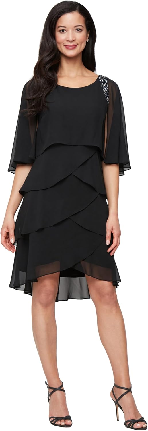 S.L. Fashions Womens Tiered Chiffon Cocktail Party Dress with Attached Cape & Beaded Shoulders (Petite and Regular Sizes)