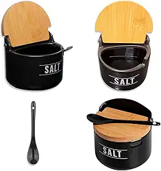 Saleiro de Porcelana Manhattan com Tampa de Bambu e Colher – 290ml – Elegante e Funcional para Cozinha (Preto)