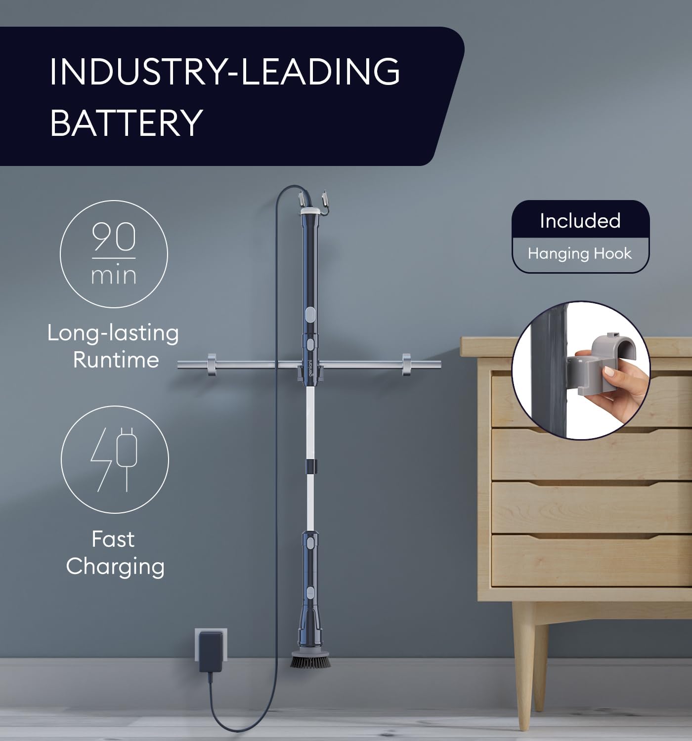 GENIANI Limpiador giratorio eléctrico, potente cepillo inalámbrico 360 para limpiar baño, azulejos, suelo, bañera y ducha con mango de extensión ajustable y 3 cabezales de cepillo giratorios