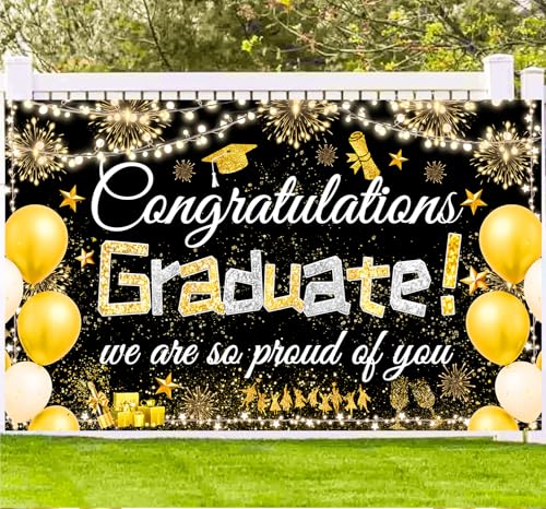 Famoby Congratulations Graduate We are so Proud of You Hanging Banner Fabric Sign Poster Backdrop Balloons Photo Booth Background for Graduation Party Decoration