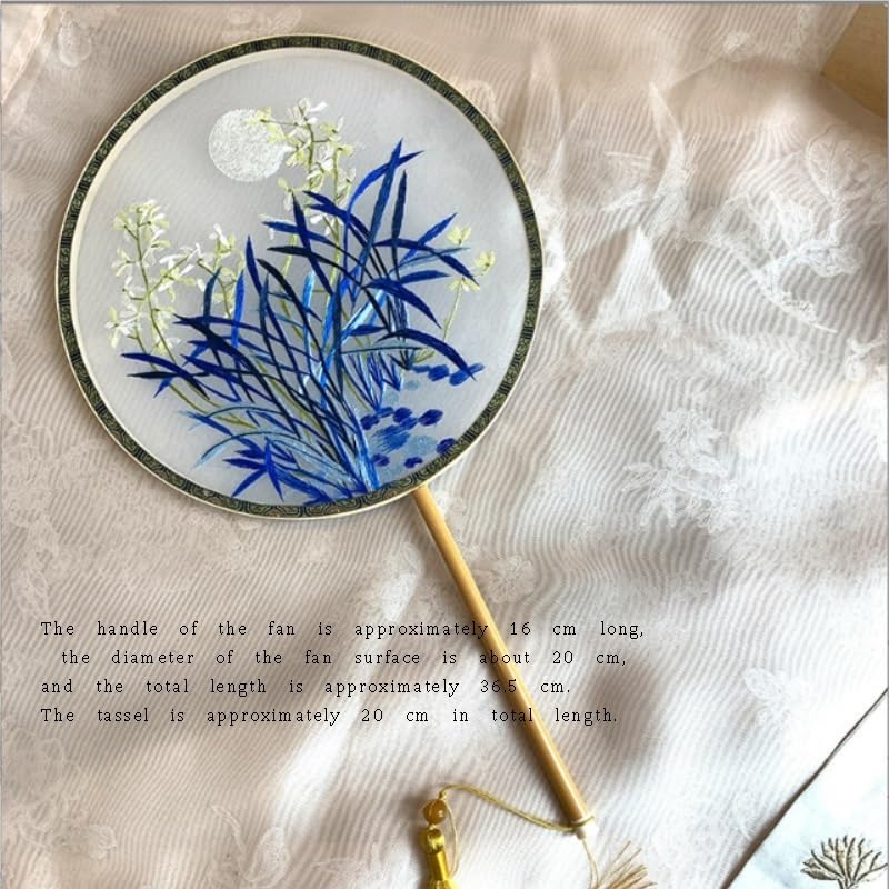 Chinese Embroidery Orchid Round Fan Handmade Handle Palace with Golden Tassel